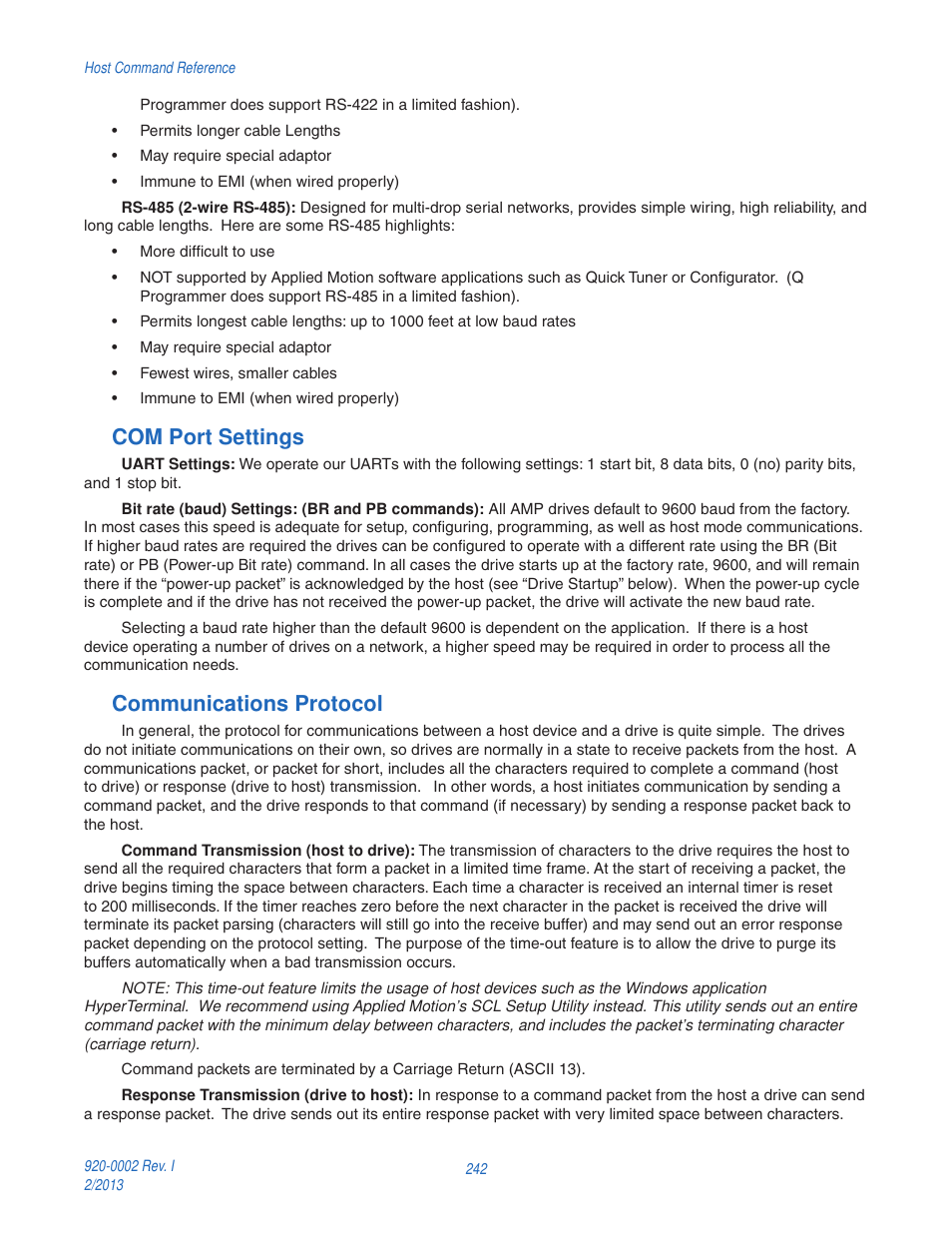 Com port settings, Communications protocol | Applied Motion RS-232 User Manual | Page 242 / 320