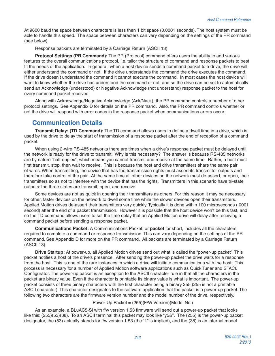 Communication details | Applied Motion RS-232 User Manual | Page 243 / 320
