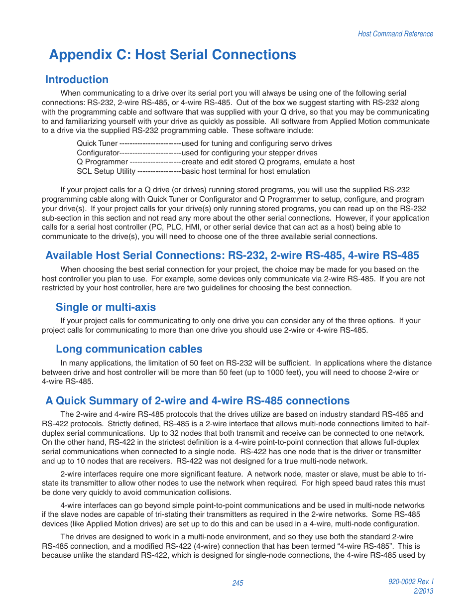 Appendix c: host serial connections, Introduction, Single or multi-axis | Long communication cables | Applied Motion RS-232 User Manual | Page 245 / 320