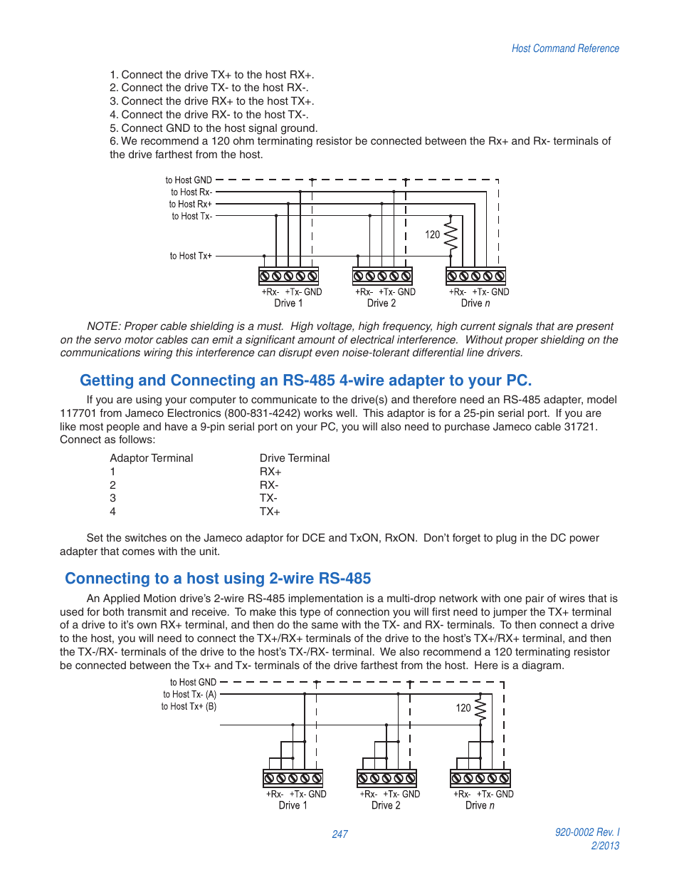 Connecting to a host using 2-wire rs-485 | Applied Motion RS-232 User Manual | Page 247 / 320