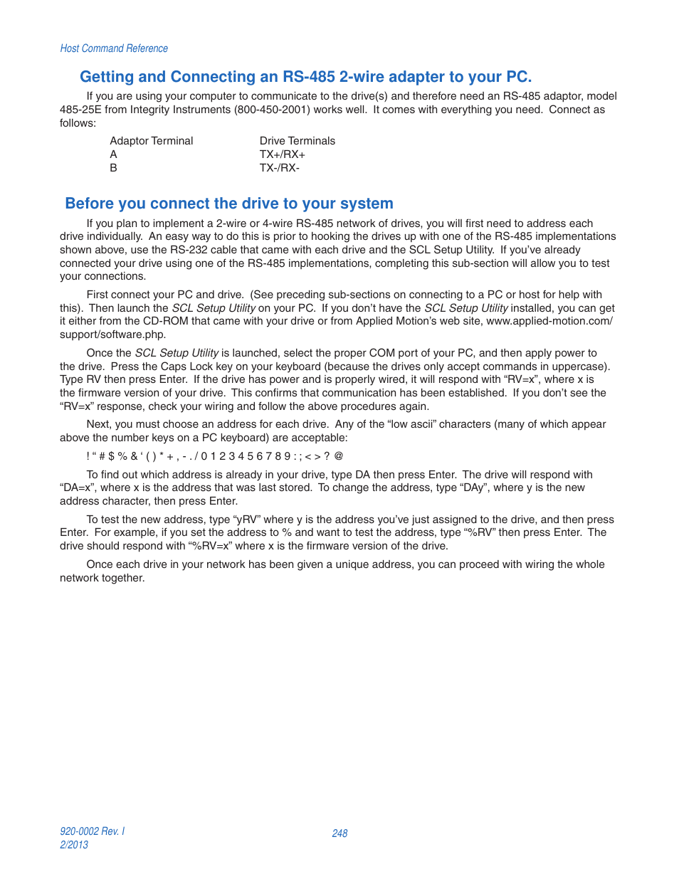Before you connect the drive to your system | Applied Motion RS-232 User Manual | Page 248 / 320