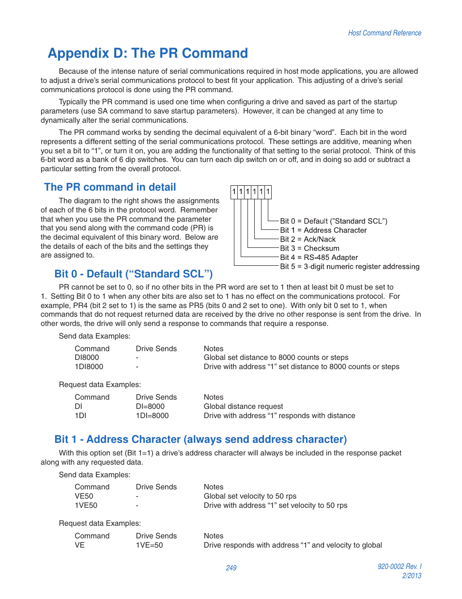 Appendix d: the pr command, The pr command in detail, Bit 0 - default (“standard scl”) | Applied Motion RS-232 User Manual | Page 249 / 320
