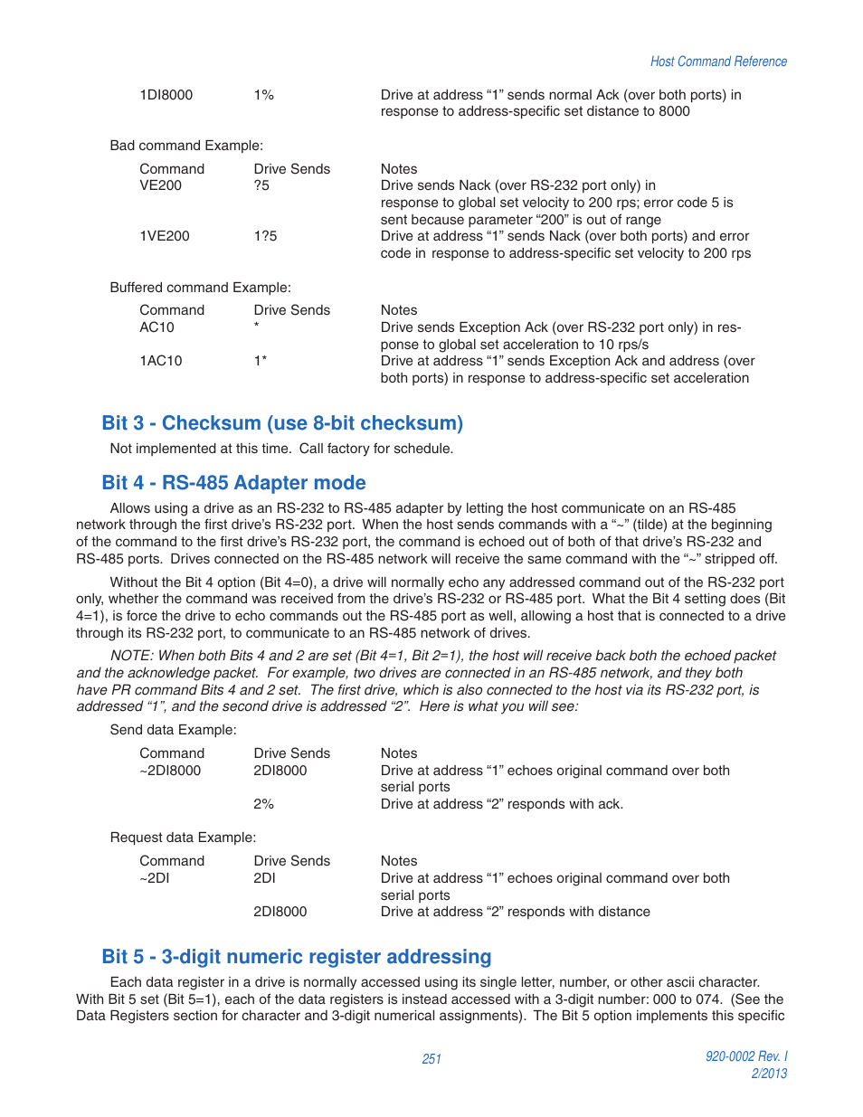 Bit 3 - checksum (use 8-bit checksum), Bit 4 - rs-485 adapter mode, Bit 5 - 3-digit numeric register addressing | Applied Motion RS-232 User Manual | Page 251 / 320
