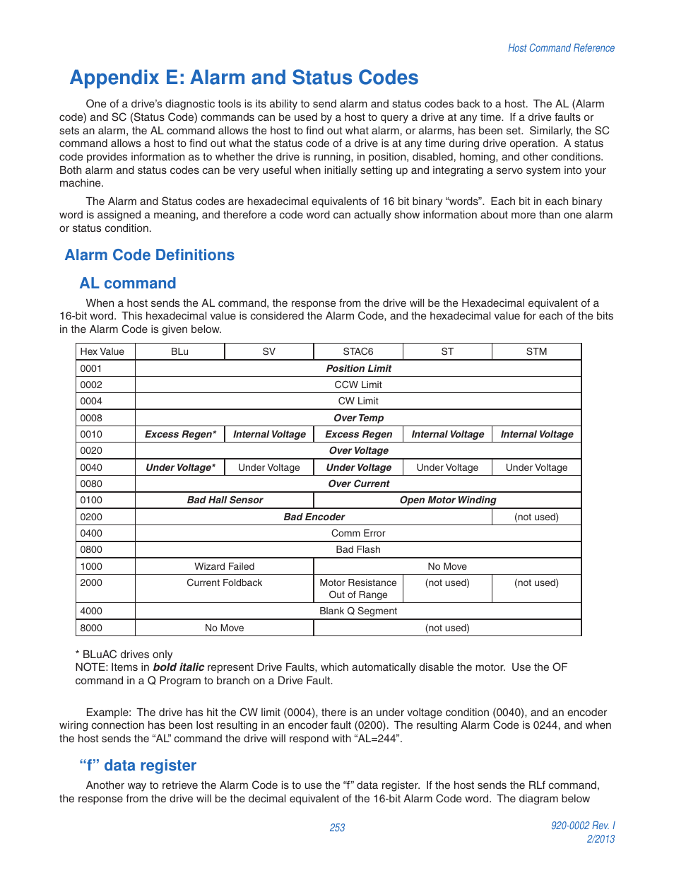 Appendix e: alarm and status codes, Alarm code definitions al command, F” data register | Applied Motion RS-232 User Manual | Page 253 / 320