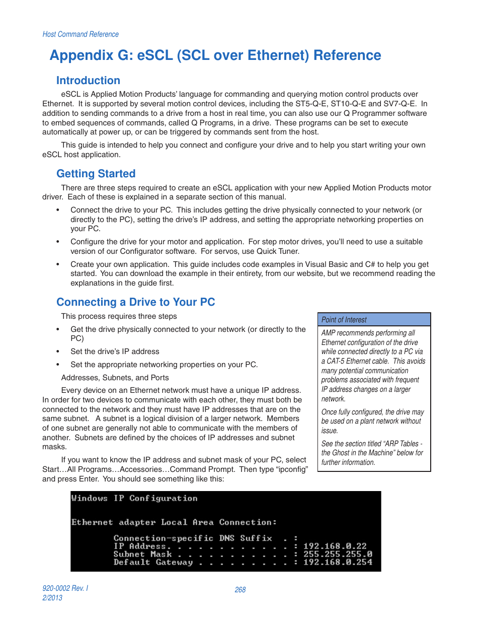 Appendix g: escl (scl over ethernet) reference, Introduction, Getting started | Connecting a drive to your pc | Applied Motion RS-232 User Manual | Page 268 / 320