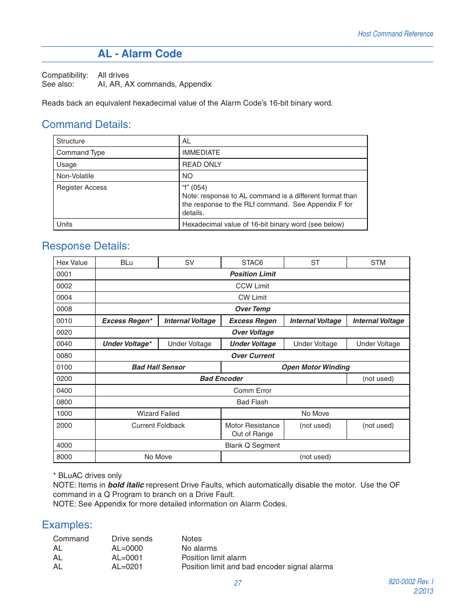 Al - alarm code, Command details, Response details | Examples | Applied Motion RS-232 User Manual | Page 27 / 320