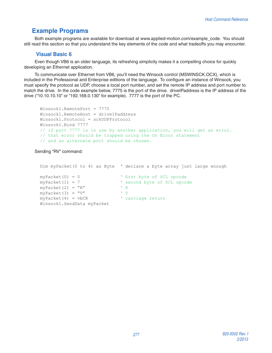 Example programs | Applied Motion RS-232 User Manual | Page 277 / 320
