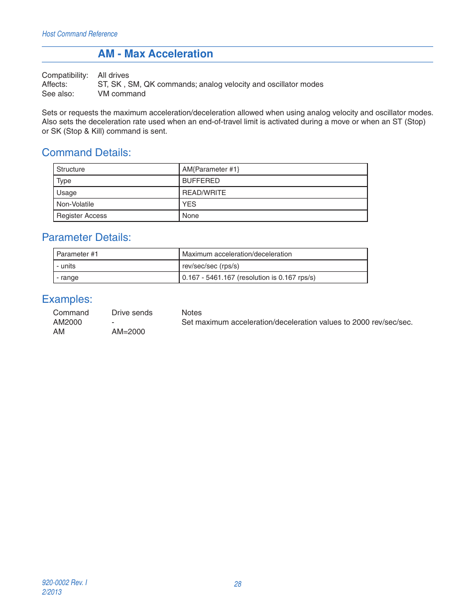 Am - max acceleration, Command details, Parameter details | Examples | Applied Motion RS-232 User Manual | Page 28 / 320
