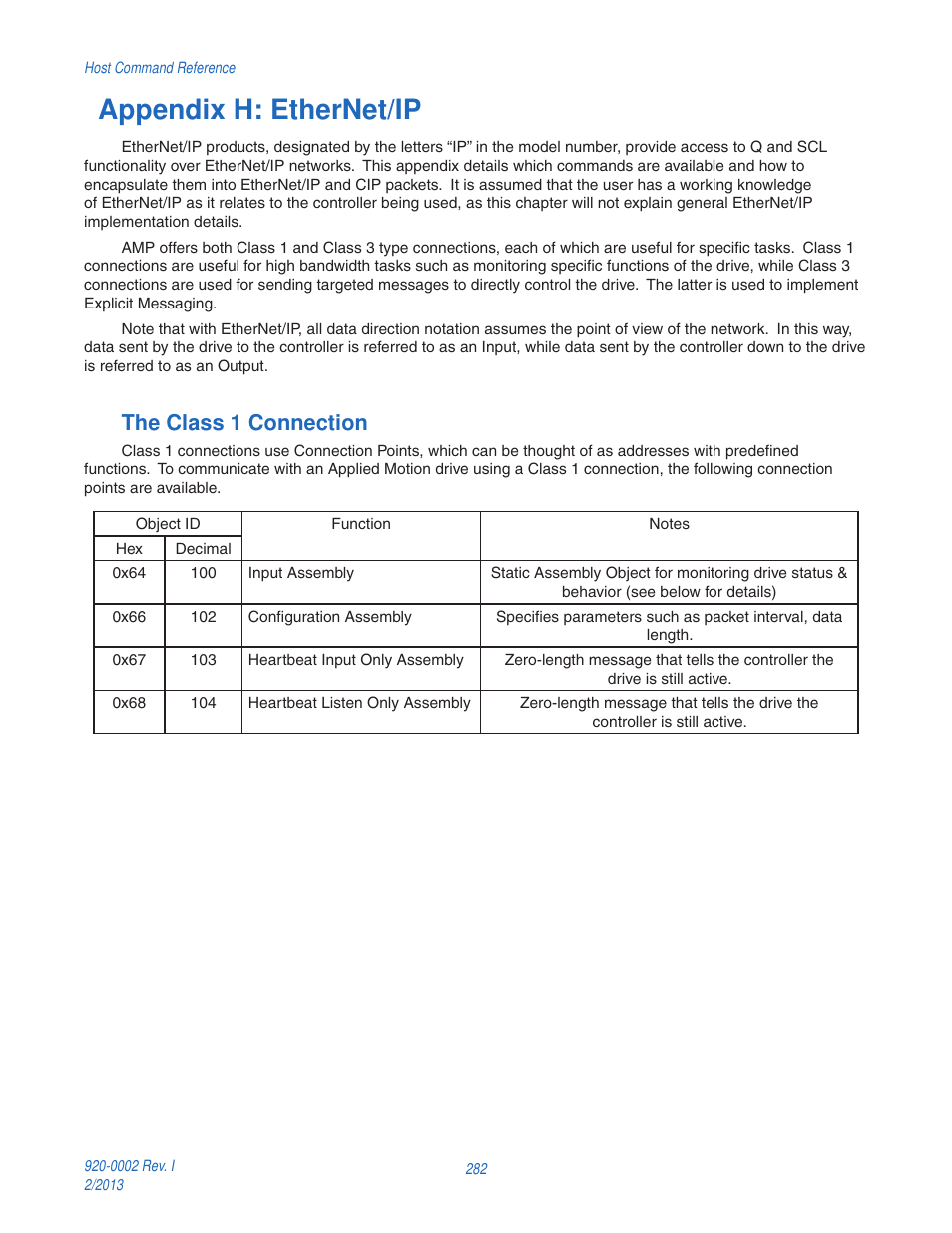 Appendix h: ethernet/ip, The class 1 connection | Applied Motion RS-232 User Manual | Page 282 / 320