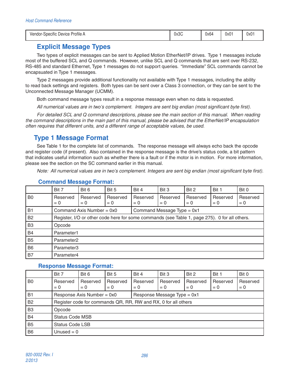 Explicit message types, Type 1 message format | Applied Motion RS-232 User Manual | Page 286 / 320
