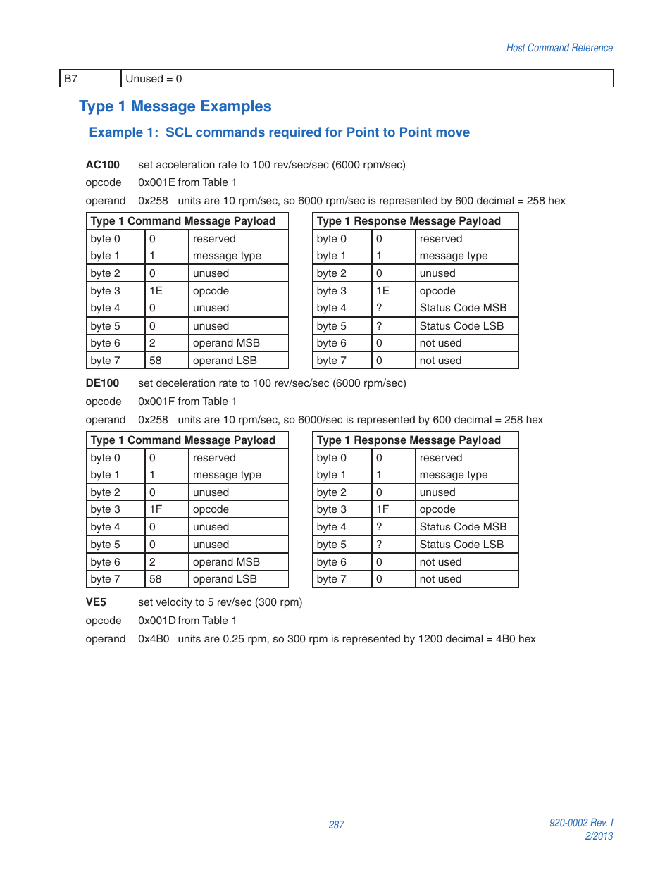 Type 1 message examples | Applied Motion RS-232 User Manual | Page 287 / 320