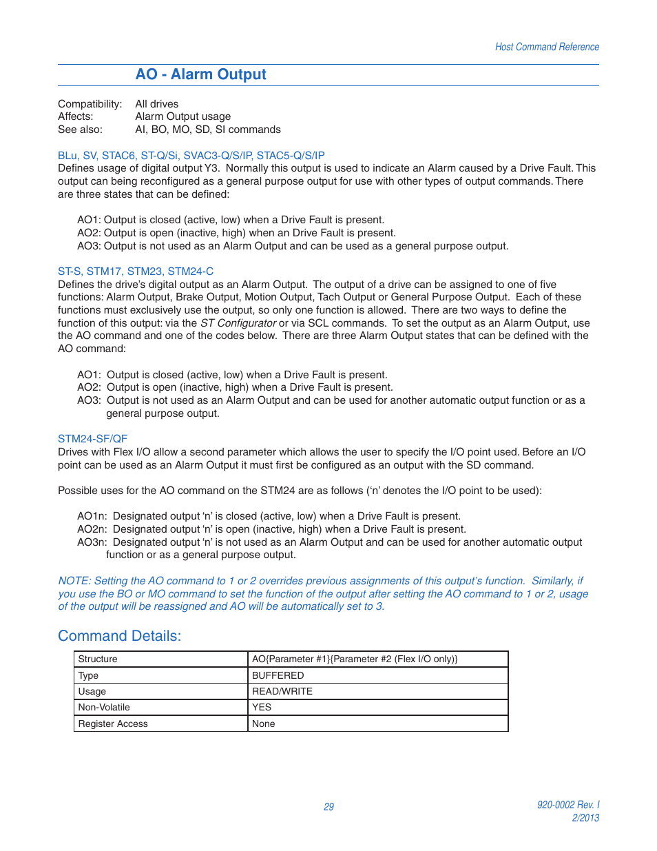Ao - alarm output, Command details | Applied Motion RS-232 User Manual | Page 29 / 320