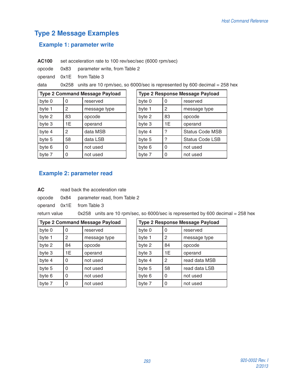 Type 2 message examples | Applied Motion RS-232 User Manual | Page 293 / 320