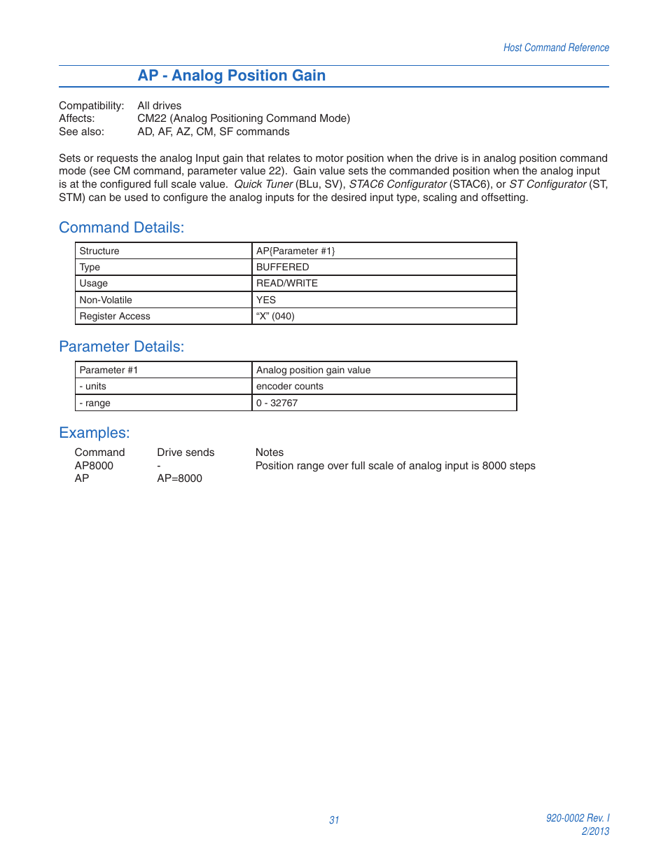 Ap - analog position gain, Command details, Parameter details | Examples | Applied Motion RS-232 User Manual | Page 31 / 320