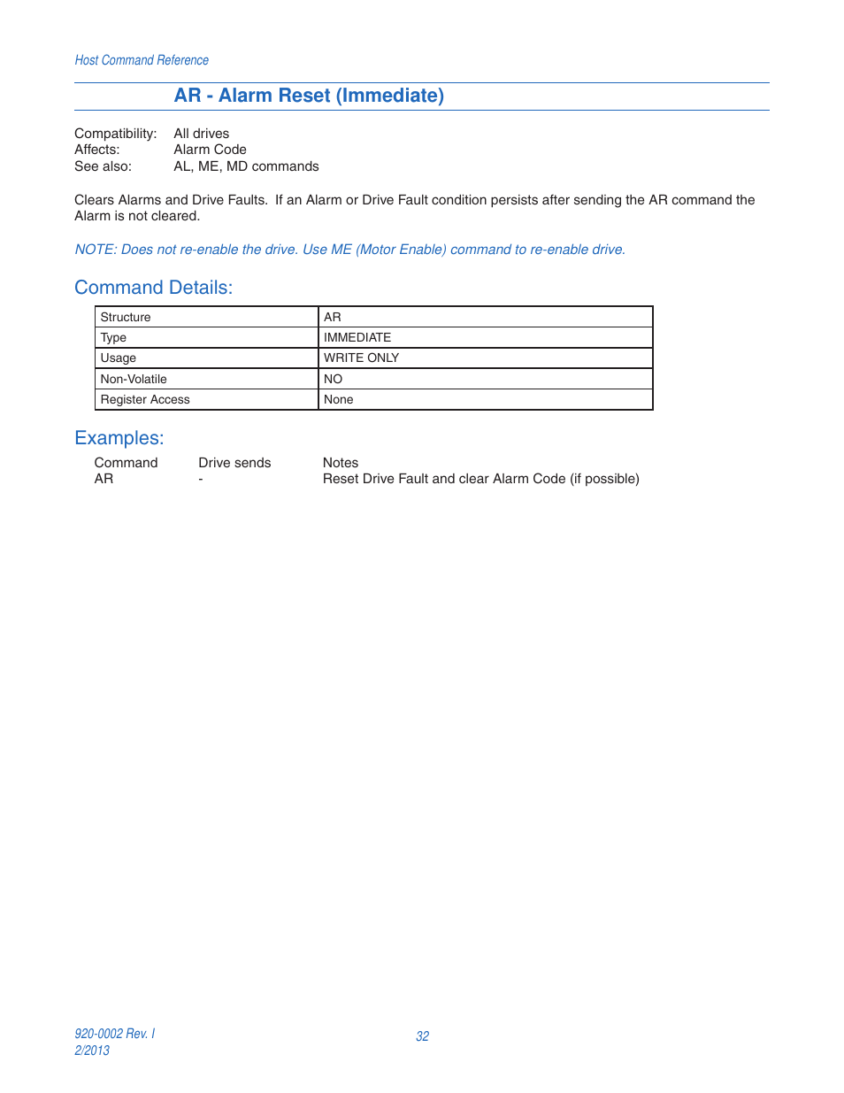 Ar - alarm reset (immediate), Command details, Examples | Applied Motion RS-232 User Manual | Page 32 / 320