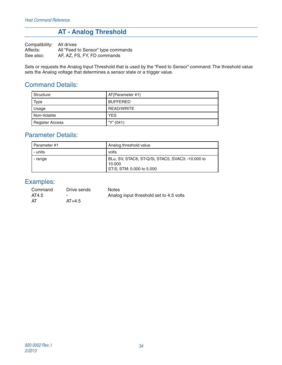 At - analog threshold, Command details, Parameter details | Examples | Applied Motion RS-232 User Manual | Page 34 / 320