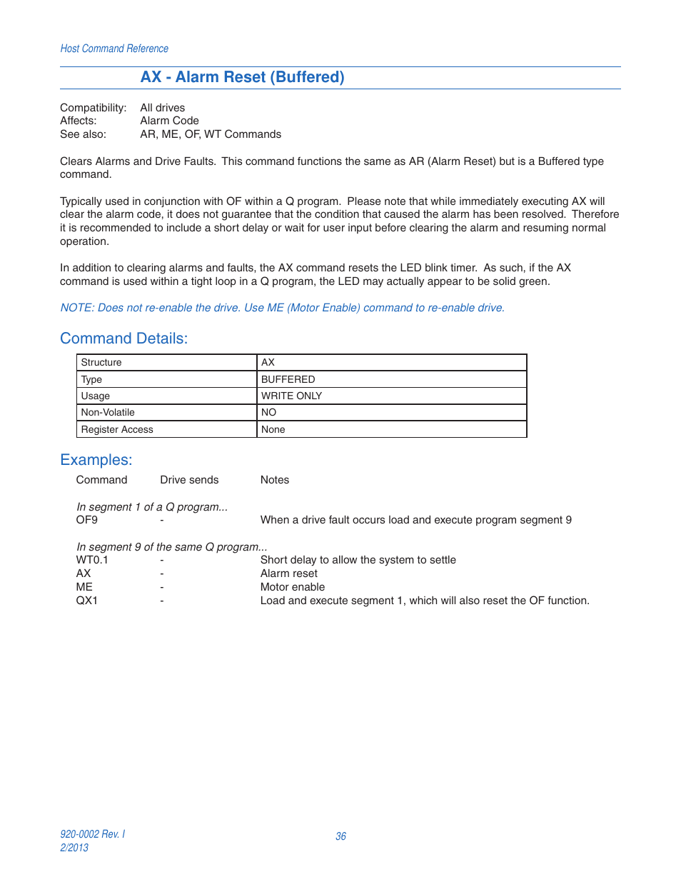 Ax - alarm reset (buffered), Command details, Examples | Applied Motion RS-232 User Manual | Page 36 / 320