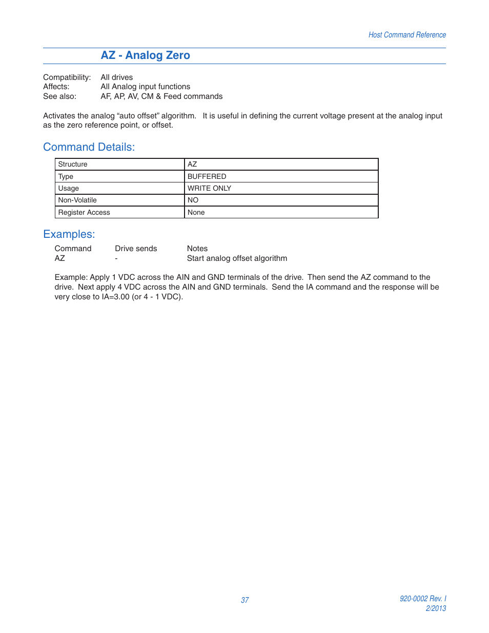 Az - analog zero, Command details, Examples | Applied Motion RS-232 User Manual | Page 37 / 320