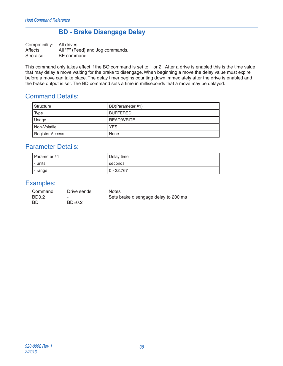 Bd - brake disengage delay, Command details, Parameter details | Examples | Applied Motion RS-232 User Manual | Page 38 / 320
