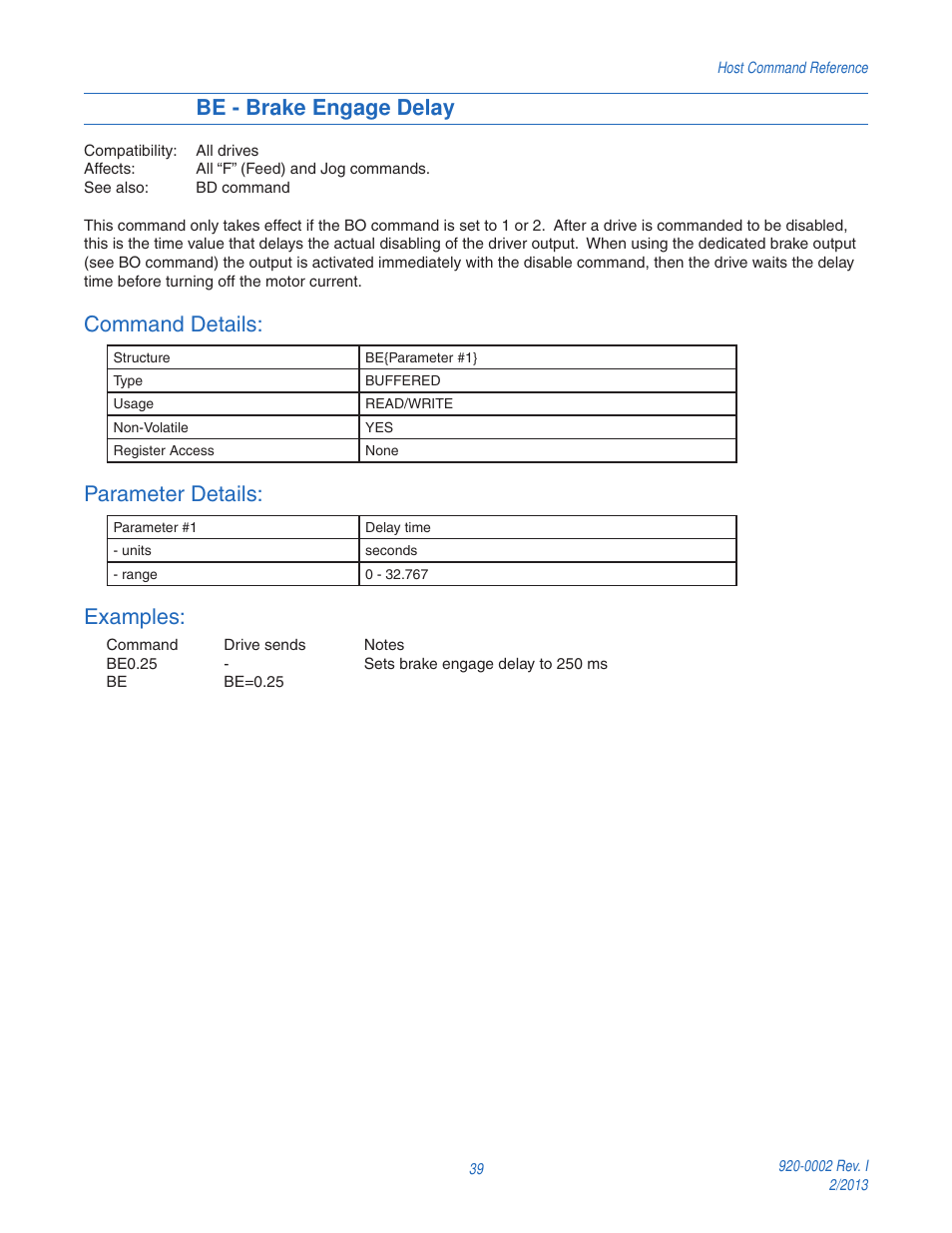 Be - brake engage delay, Command details, Parameter details | Examples | Applied Motion RS-232 User Manual | Page 39 / 320