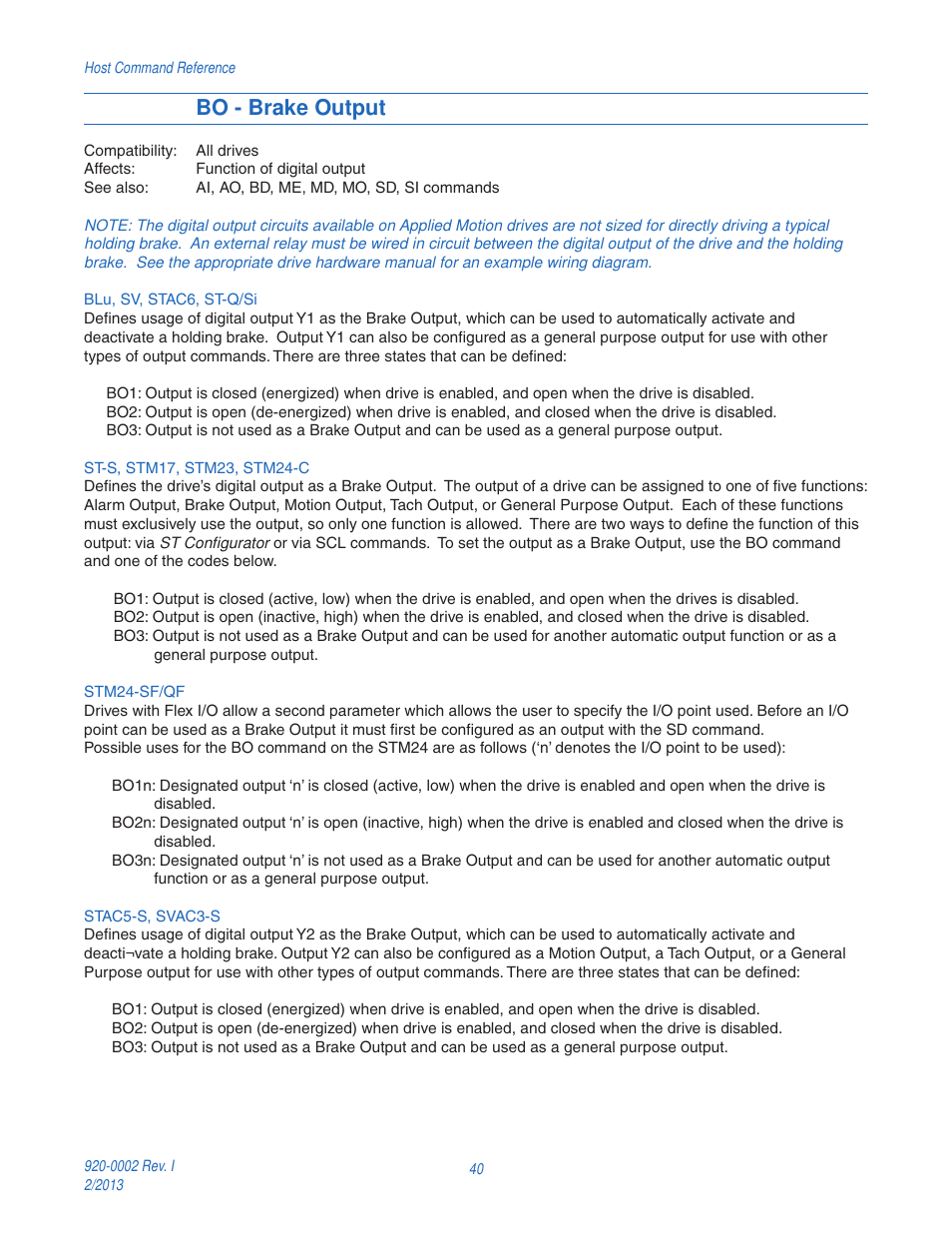 Bo - brake output | Applied Motion RS-232 User Manual | Page 40 / 320
