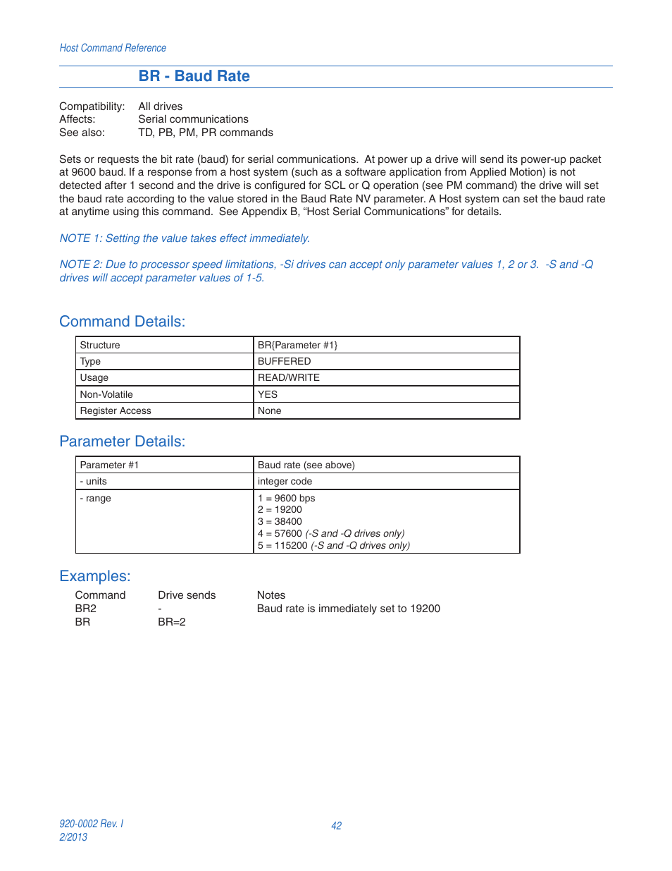 Br - baud rate, Command details, Parameter details | Examples | Applied Motion RS-232 User Manual | Page 42 / 320
