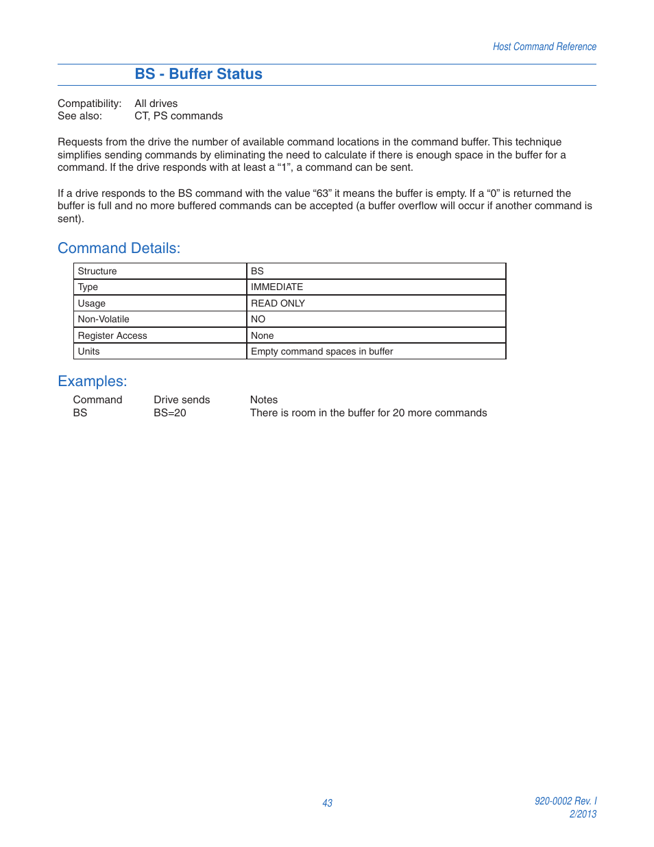 Bs - buffer status, Command details, Examples | Applied Motion RS-232 User Manual | Page 43 / 320