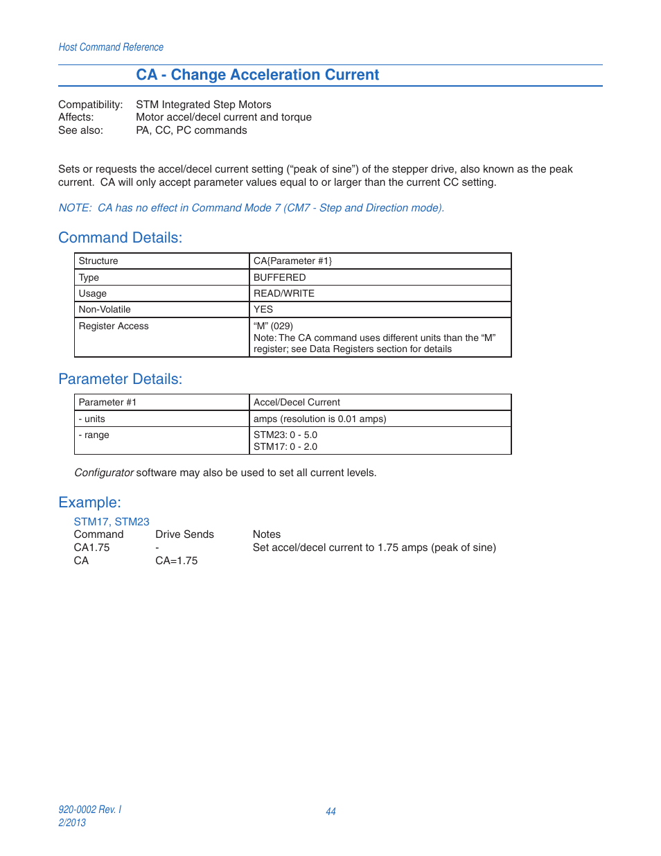 Ca - change acceleration current, Command details, Parameter details | Example | Applied Motion RS-232 User Manual | Page 44 / 320