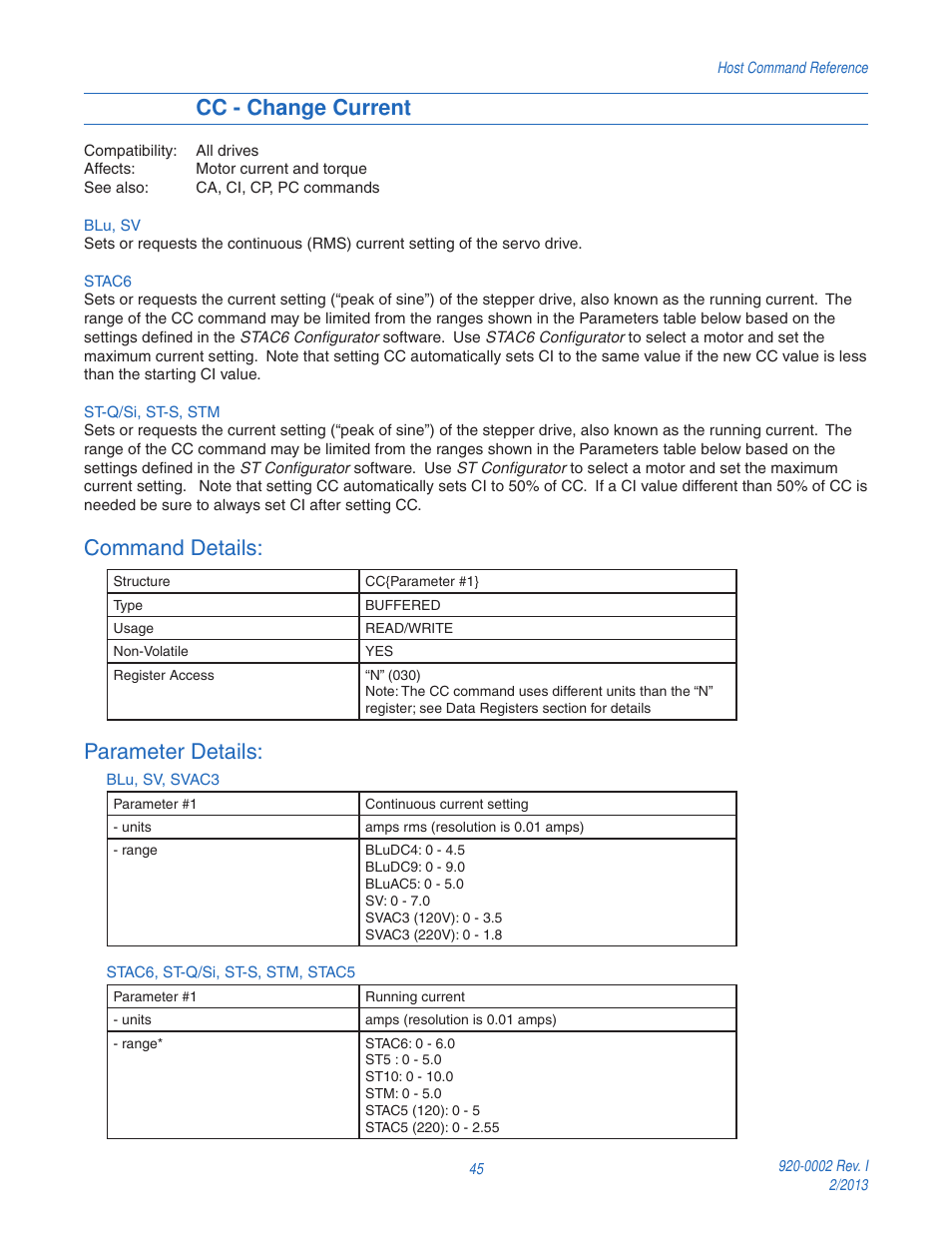Cc - change current, Command details, Parameter details | Applied Motion RS-232 User Manual | Page 45 / 320