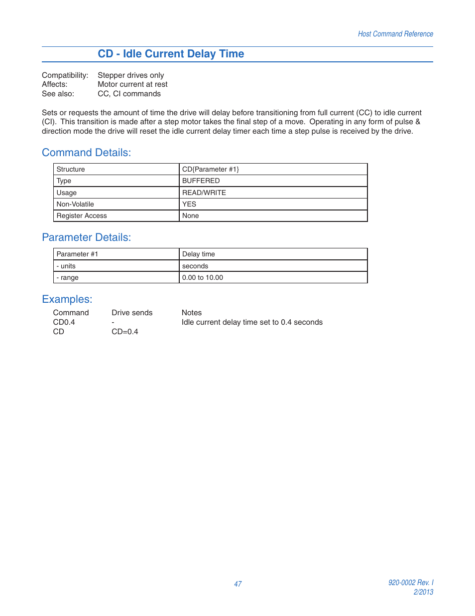 Cd - idle current delay time, Command details, Parameter details | Examples | Applied Motion RS-232 User Manual | Page 47 / 320