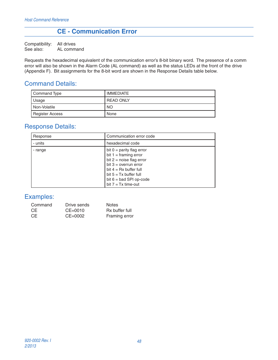 Ce - communication error, Command details, Response details | Examples | Applied Motion RS-232 User Manual | Page 48 / 320