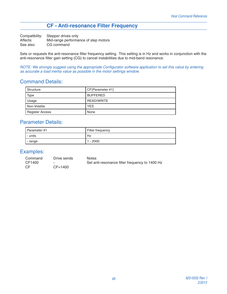 Cf - anti-resonance filter frequency, Command details, Parameter details | Examples | Applied Motion RS-232 User Manual | Page 49 / 320