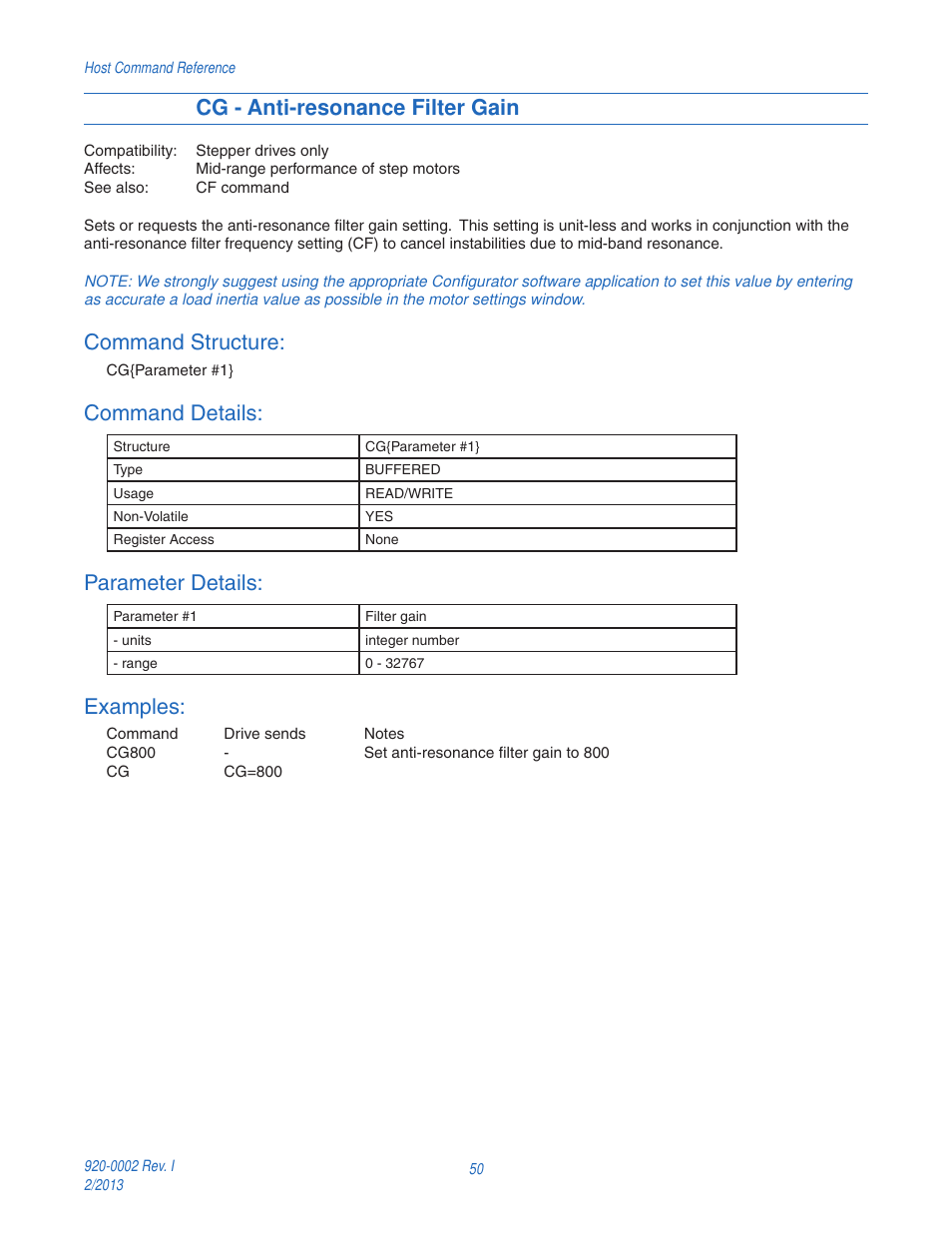 Cg - anti-resonance filter gain, Command structure, Command details | Parameter details, Examples | Applied Motion RS-232 User Manual | Page 50 / 320