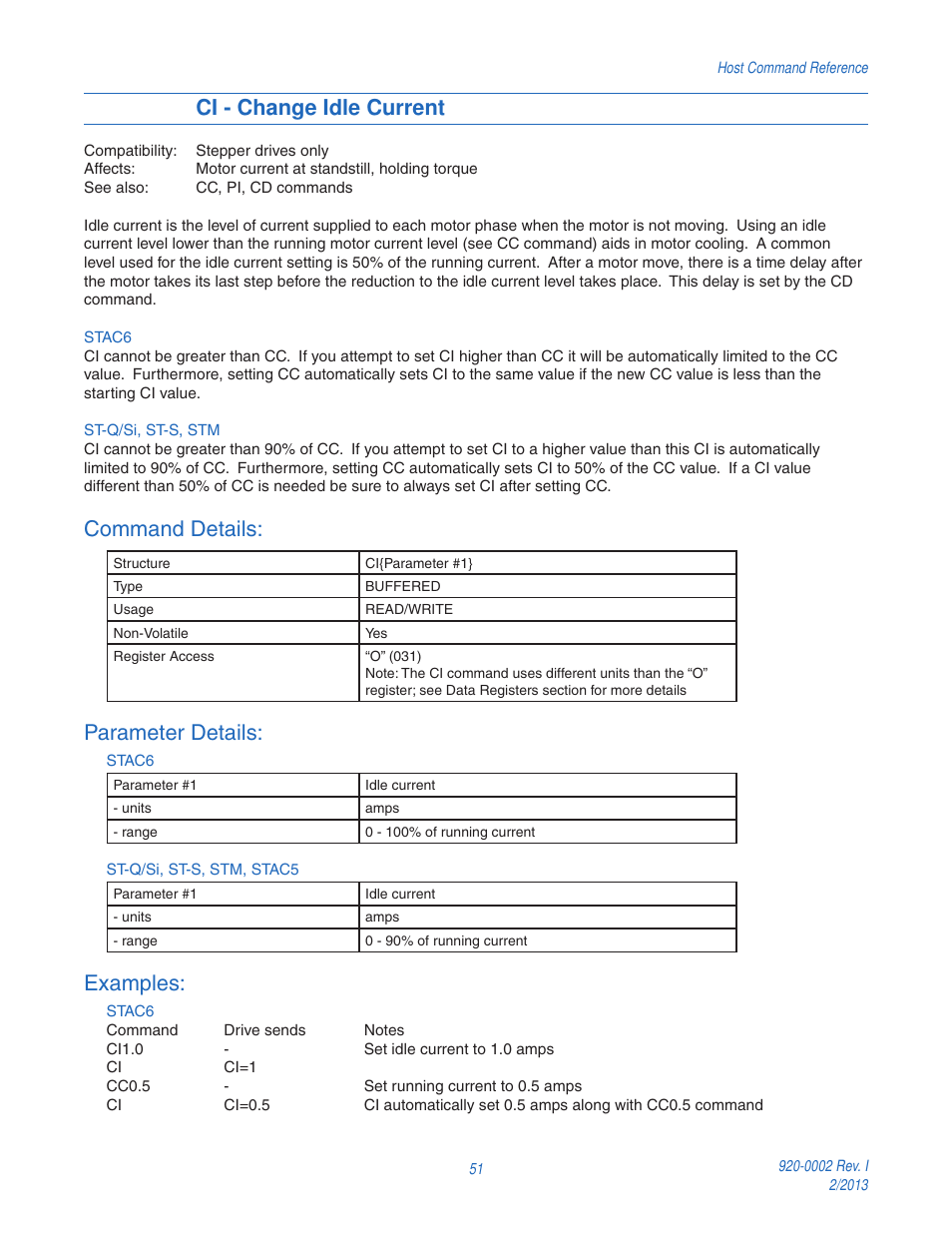 Ci - change idle current, Command details, Parameter details | Examples | Applied Motion RS-232 User Manual | Page 51 / 320