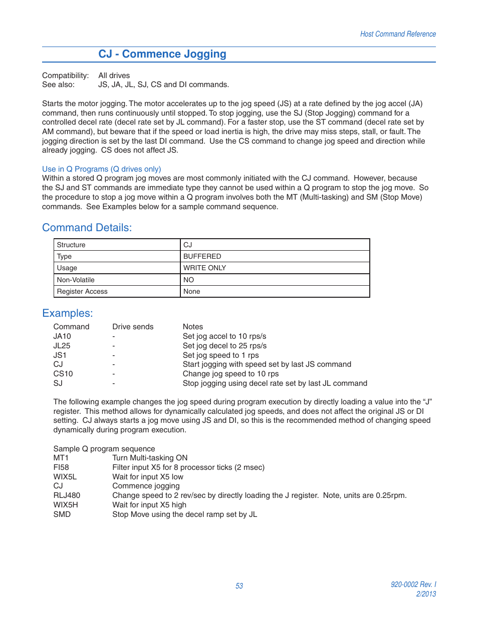 Cj - commence jogging, Command details, Examples | Applied Motion RS-232 User Manual | Page 53 / 320
