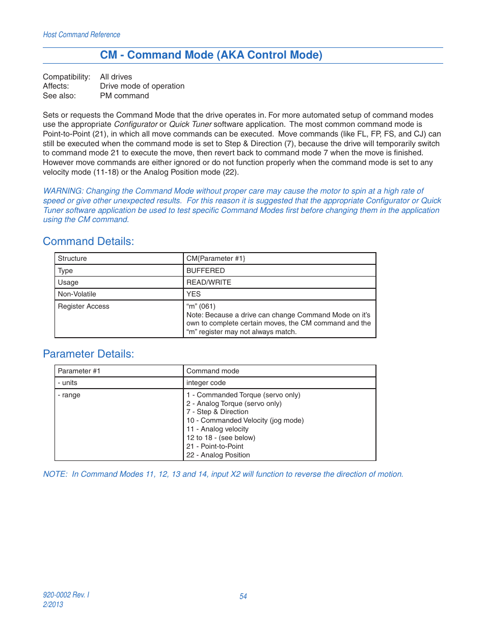 Cm - command mode (aka control mode), Command details, Parameter details | Applied Motion RS-232 User Manual | Page 54 / 320