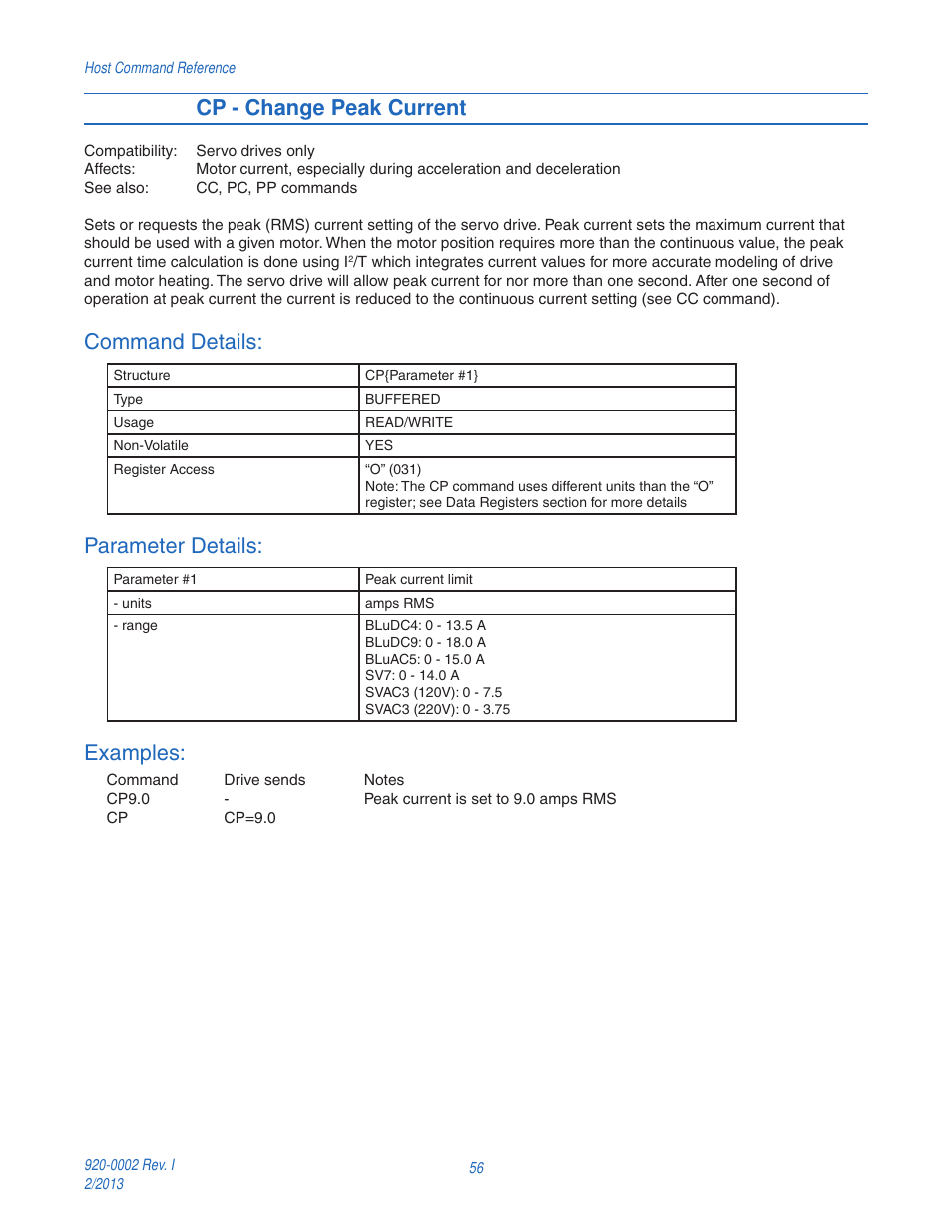 Cp - change peak current, Command details, Parameter details | Examples | Applied Motion RS-232 User Manual | Page 56 / 320