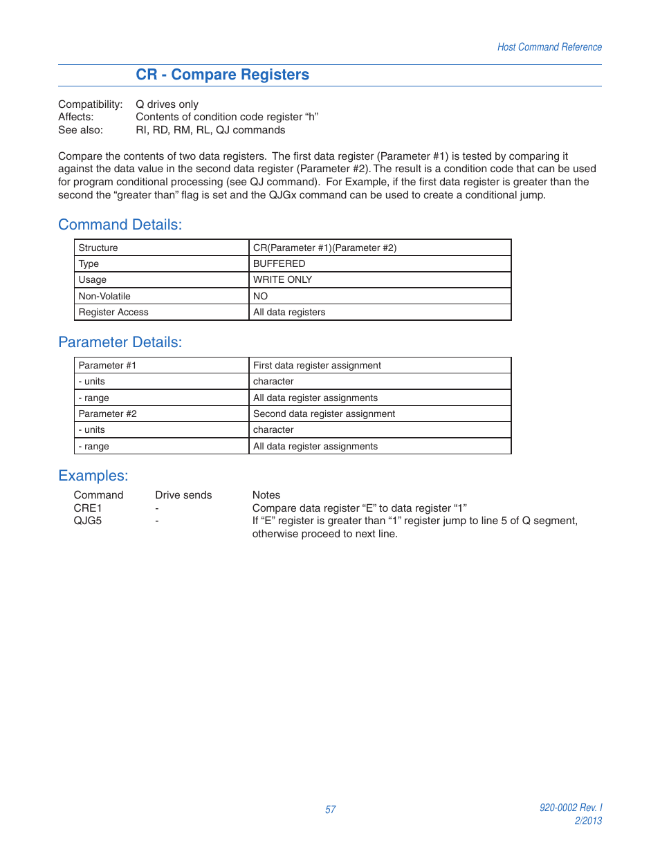 Cr - compare registers, Command details, Parameter details | Examples | Applied Motion RS-232 User Manual | Page 57 / 320