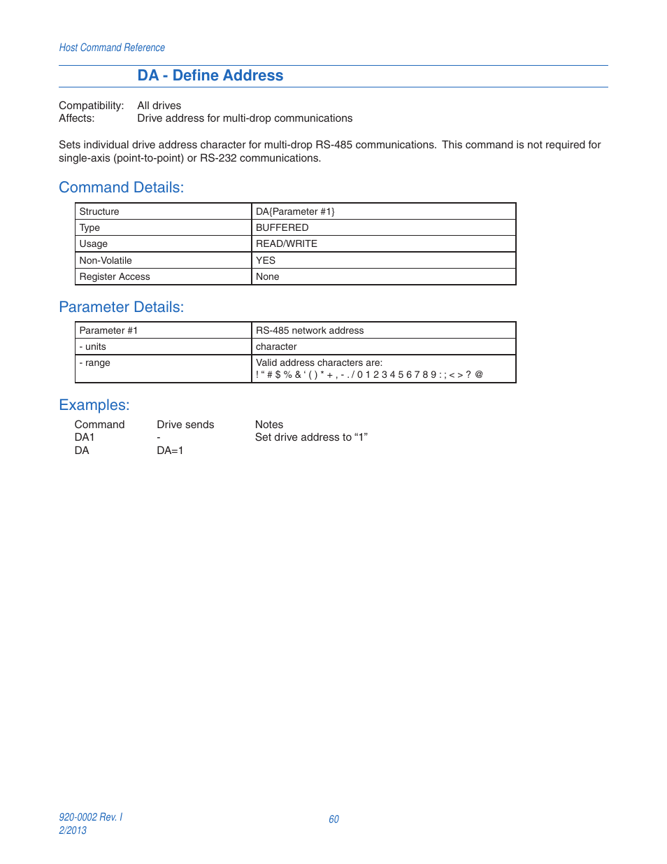 Da - define address, Command details, Parameter details | Examples | Applied Motion RS-232 User Manual | Page 60 / 320