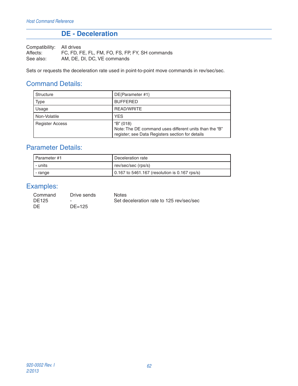 De - deceleration, Command details, Parameter details | Examples | Applied Motion RS-232 User Manual | Page 62 / 320