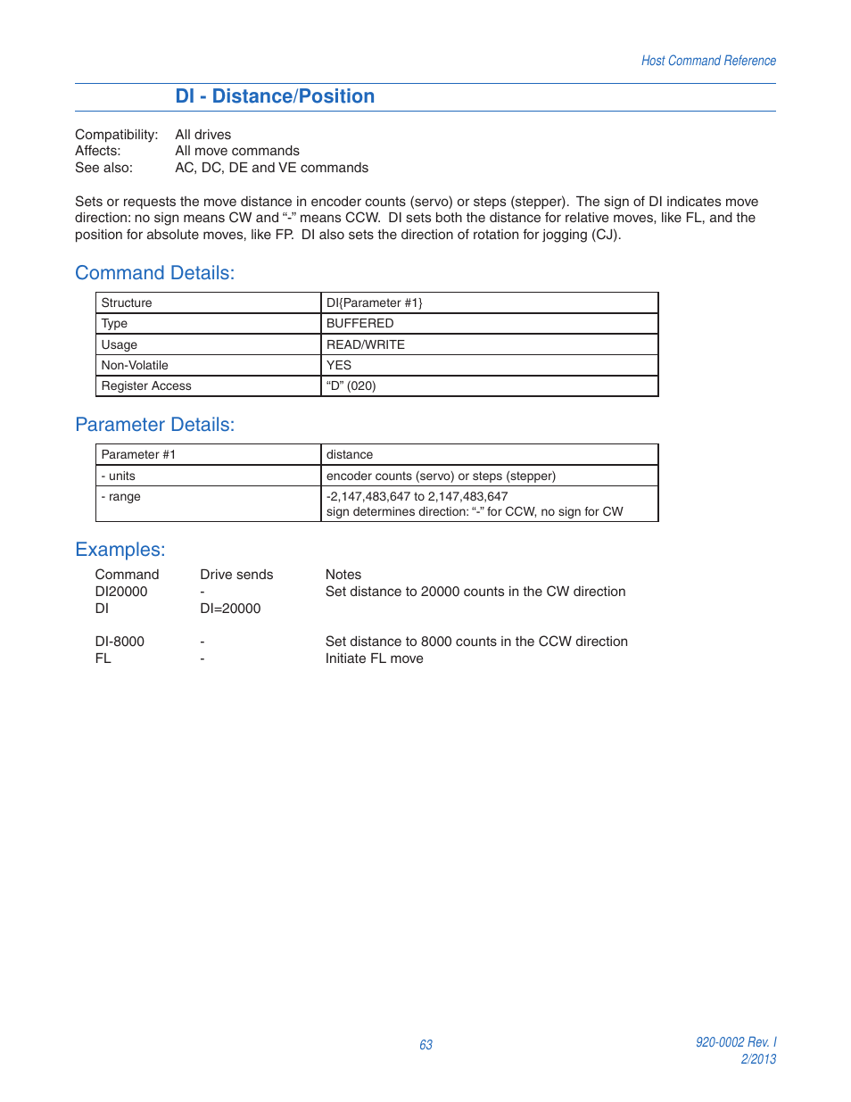 Di - distance/position, Command details, Parameter details | Examples | Applied Motion RS-232 User Manual | Page 63 / 320