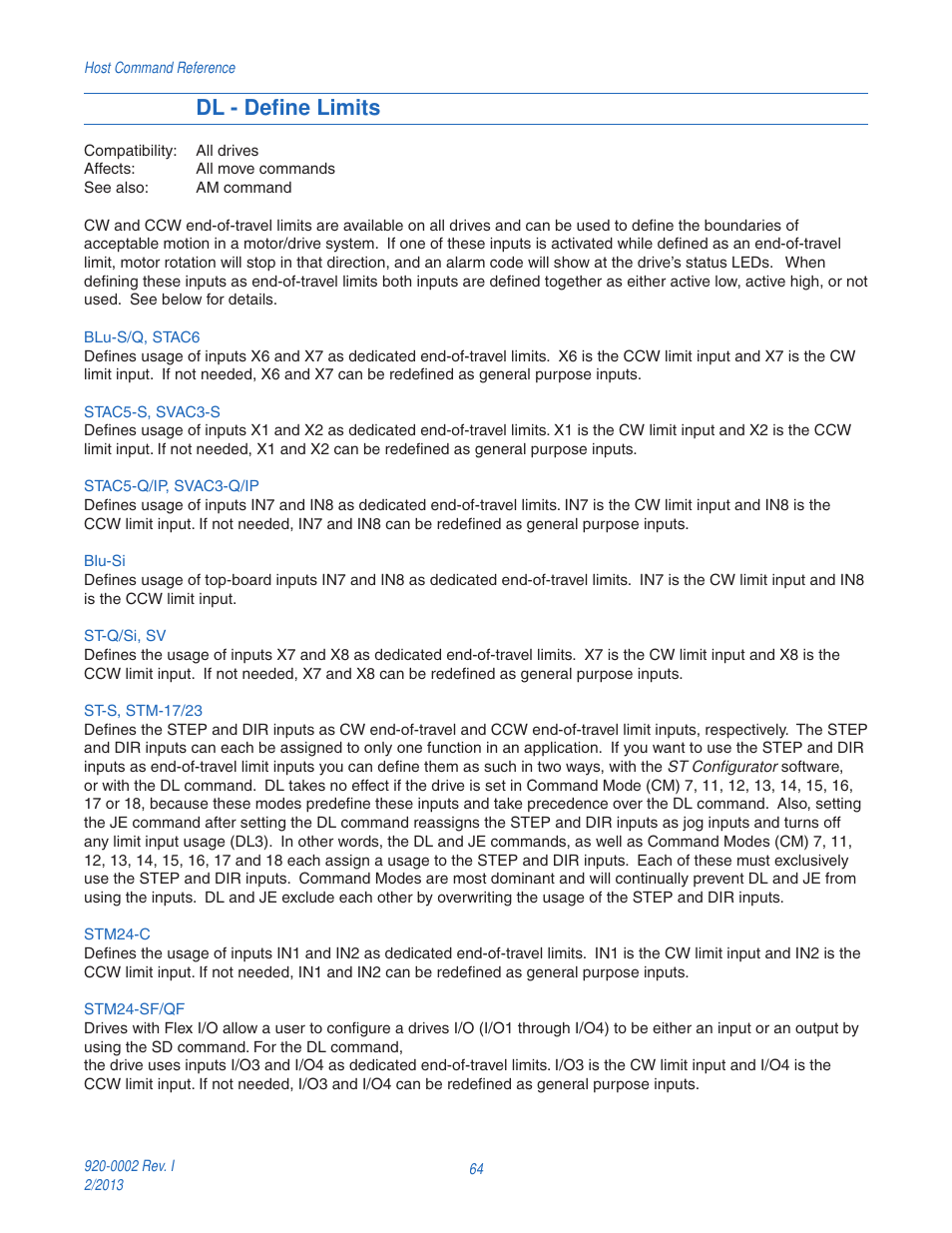 Dl - define limits | Applied Motion RS-232 User Manual | Page 64 / 320