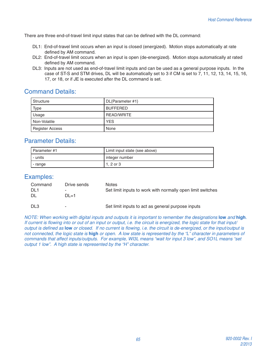 Command details, Parameter details, Examples | Applied Motion RS-232 User Manual | Page 65 / 320