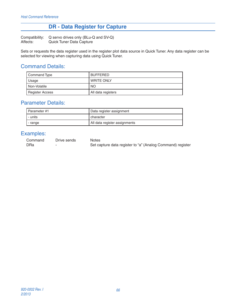 Dr - data register for capture, Command details, Parameter details | Examples | Applied Motion RS-232 User Manual | Page 66 / 320