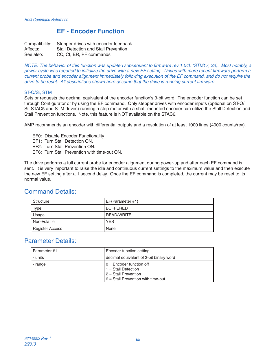 Ef - encoder function, Command details, Parameter details | Applied Motion RS-232 User Manual | Page 68 / 320
