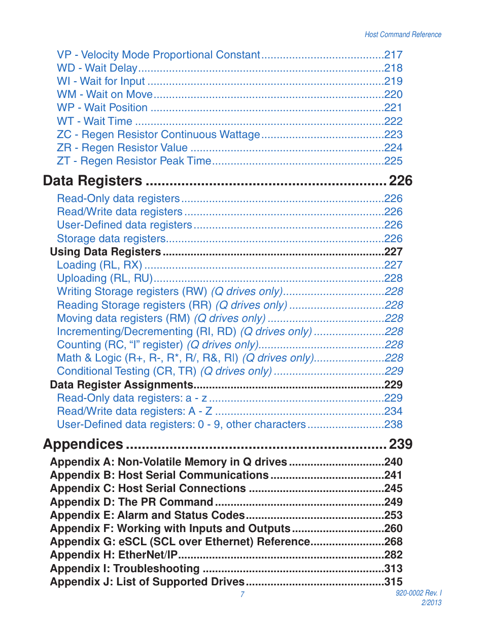 Data registers, Appendices | Applied Motion RS-232 User Manual | Page 7 / 320
