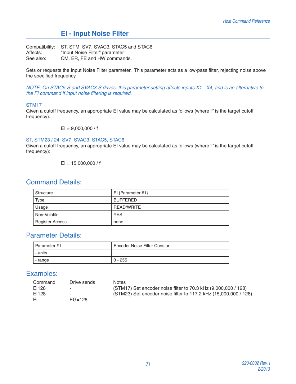 Ei - input noise filter, Command details, Parameter details | Examples | Applied Motion RS-232 User Manual | Page 71 / 320