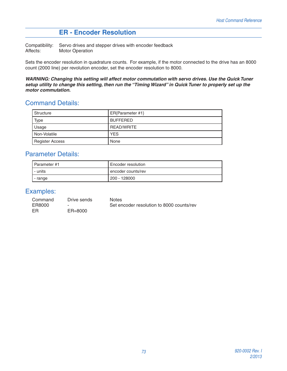 Er - encoder resolution, Command details, Parameter details | Examples | Applied Motion RS-232 User Manual | Page 73 / 320
