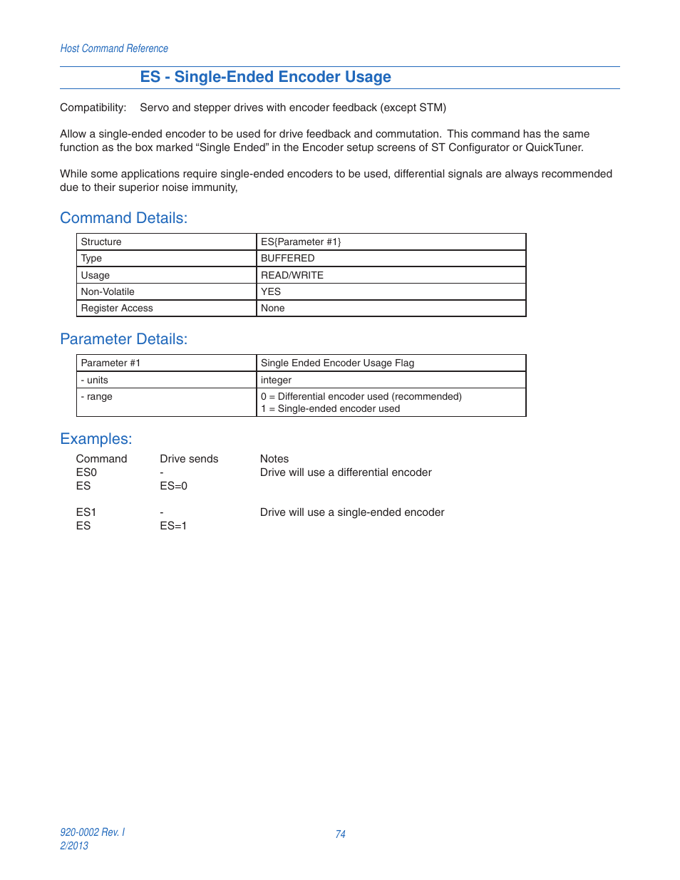 Es - single-ended encoder usage, Command details, Parameter details | Examples | Applied Motion RS-232 User Manual | Page 74 / 320