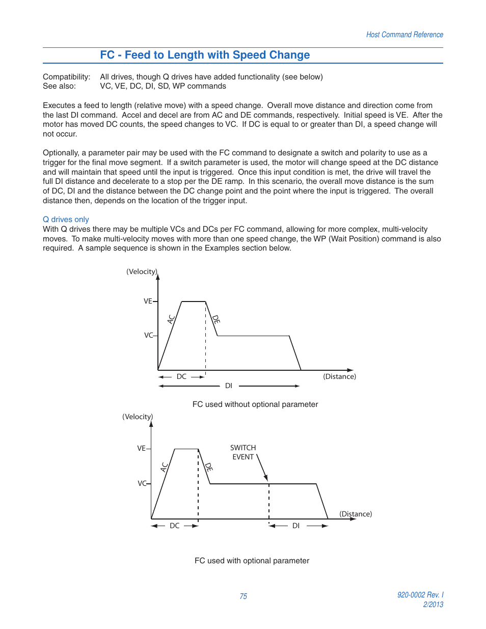 Fc - feed to length with speed change | Applied Motion RS-232 User Manual | Page 75 / 320